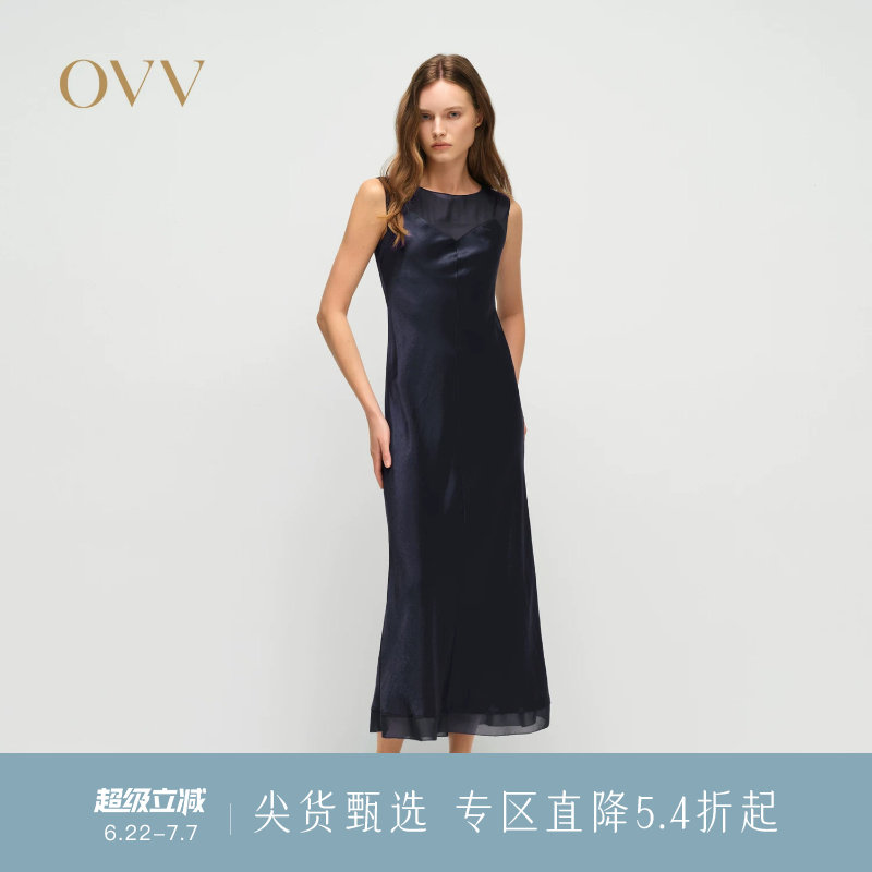 OVV春夏新款女装淡人缎面醋酸圆领无袖吊带直筒连衣裙