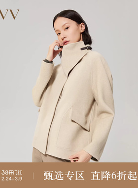 OVV秋冬女装插肩袖暗门襟双面呢斜纹羊毛短款大衣