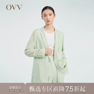 舒适三醋酸仿麻平驳领休闲西服外套 时尚 女装 OVV春夏热卖