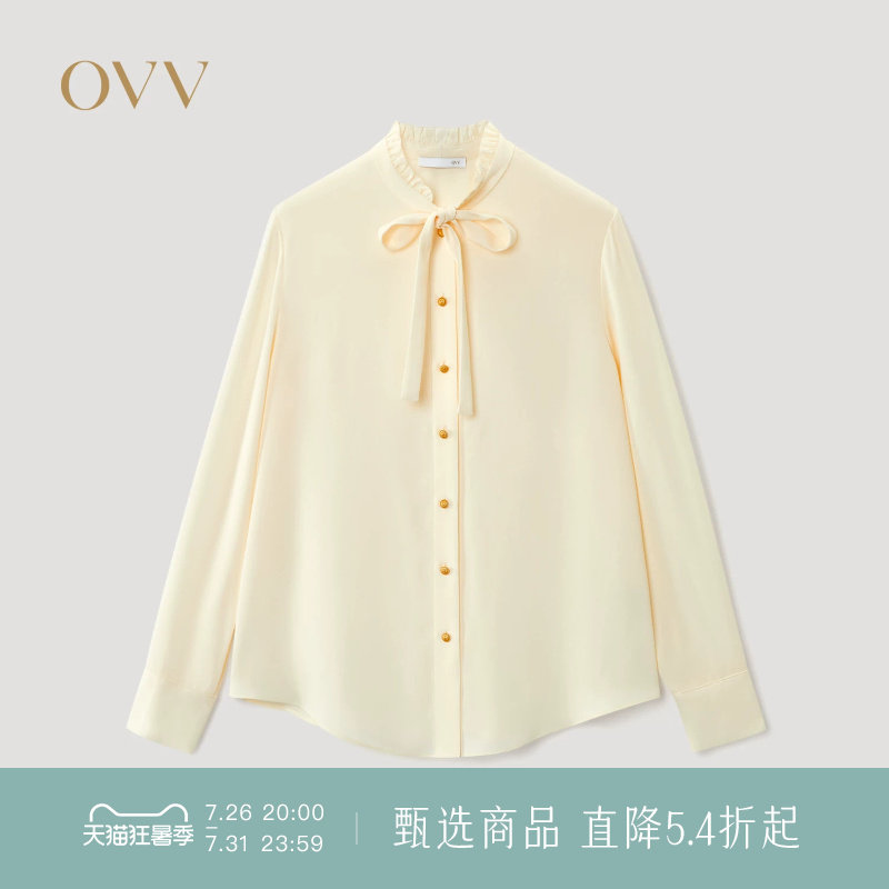 OVV秋冬新款女装立体木耳褶皱优雅飘带领长袖休闲衬衫