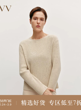 OVV秋冬热卖女装羊毛羊绒混纺圆领竖条纹肌理长袖针织衫