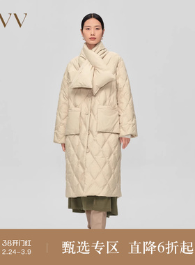OVV秋冬新款女装大V领配可拆卸围巾中长款鹅绒羽绒服