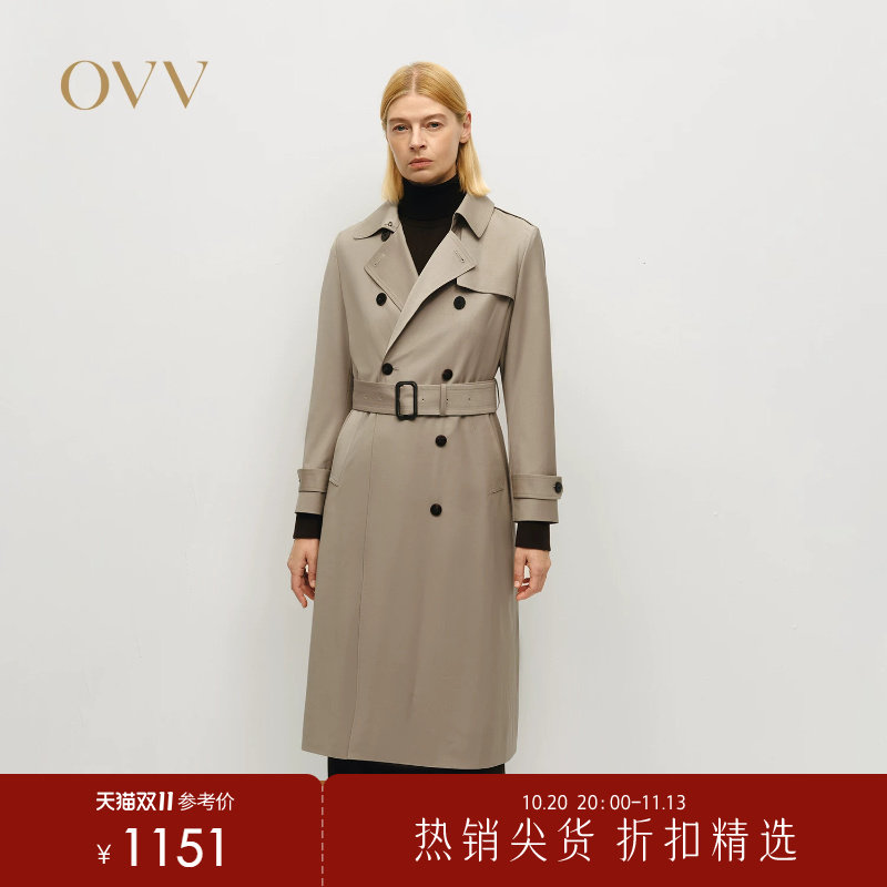 OVV秋冬热卖女装复古双排扣经典版型翻领长款羊毛风衣