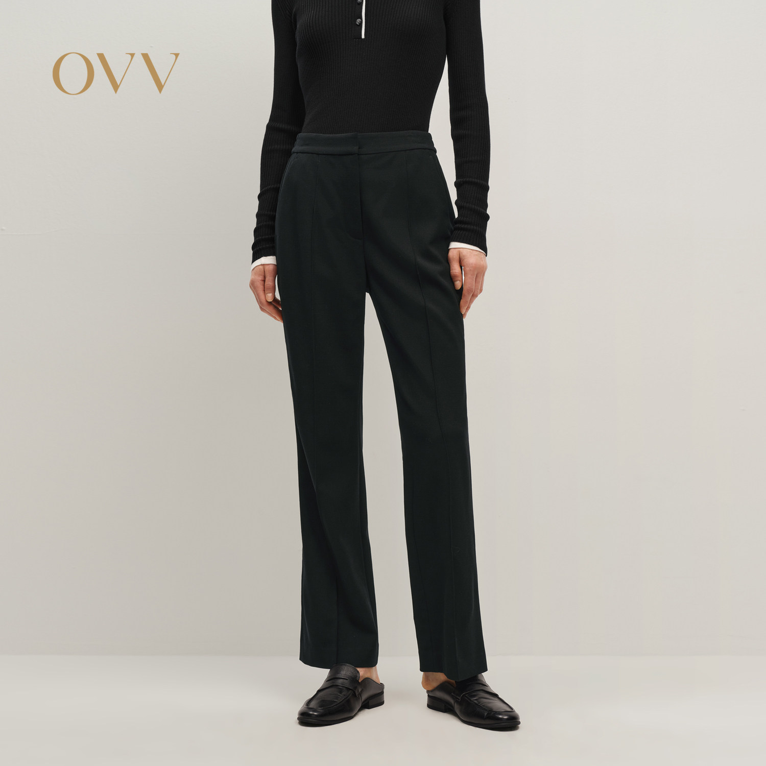 OVV2025秋冬新款女装精纺羊毛立体方格面料松紧腰休闲西裤