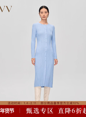 OVV秋冬新款女装羊毛立体曲线坑条装饰圆领长袖针织连衣裙