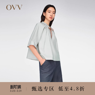 休闲衬衫 棉质抽绳设计褶裥七分袖 上衣 女装 OVV春夏热卖