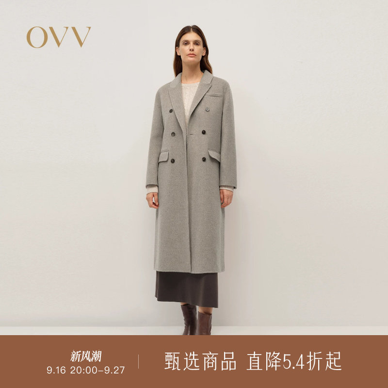 OVV秋冬热卖女装羊毛混纺戗驳领复古双排扣长大衣
