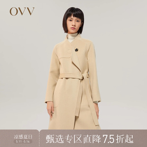 OVV秋冬女装立领随附腰带中长款休闲时尚双面呢大衣