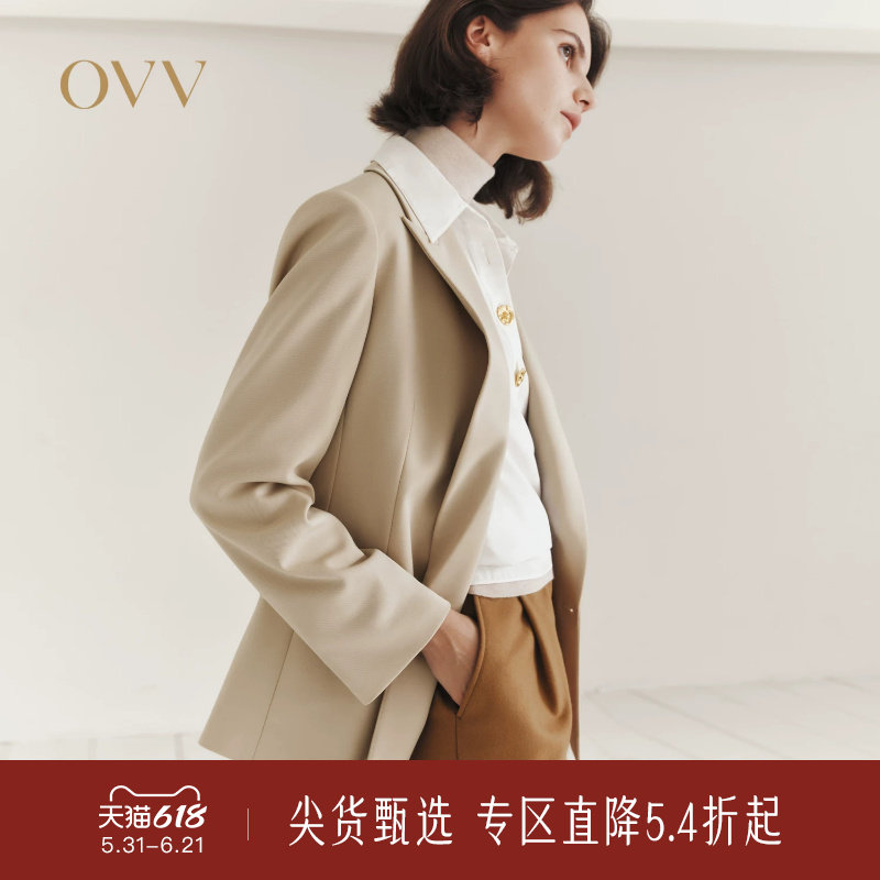 OVV秋冬新款女装精纺羊毛戗驳领双排扣休闲西服外套