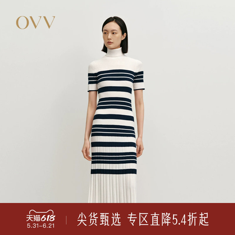 OVV秋冬热卖女装经典横条纹高领长袖羊毛针织连衣裙