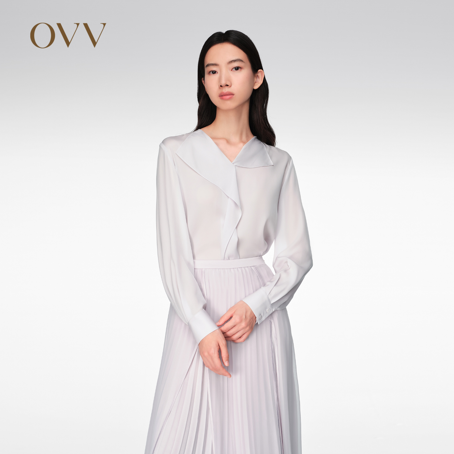 OVV2024春夏新款女装20MM弹力双乔浅V领休闲衬衫上衣 女装/女士精品 衬衫 原图主图