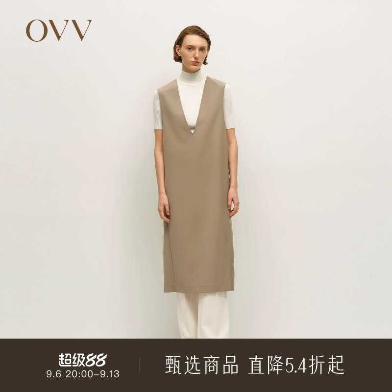 OVV秋冬热卖女装时尚深V领简约优雅羊毛背心连衣裙
