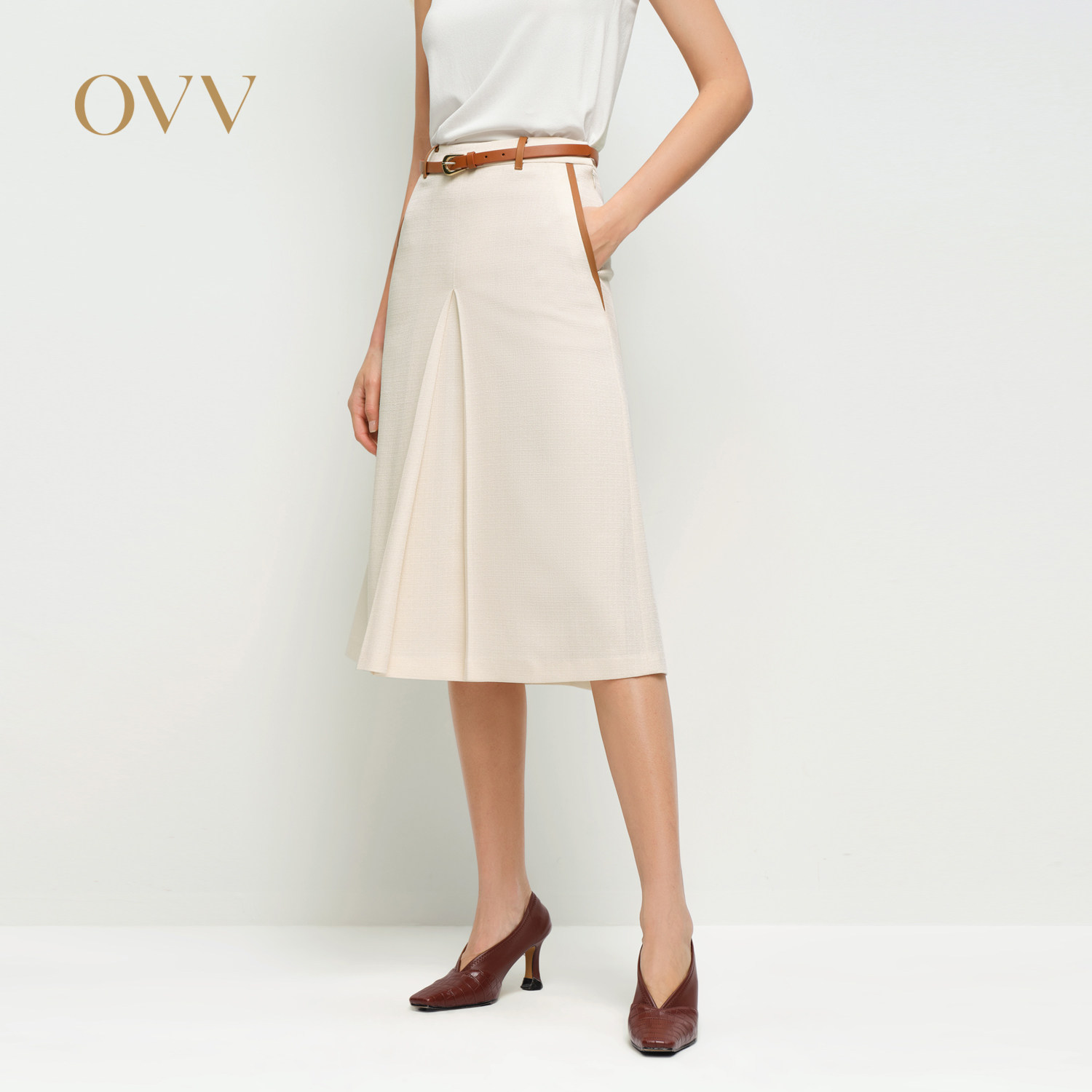 OVV2025春夏新款女装淡人日本进口三醋酸面料开衩直筒半身裙