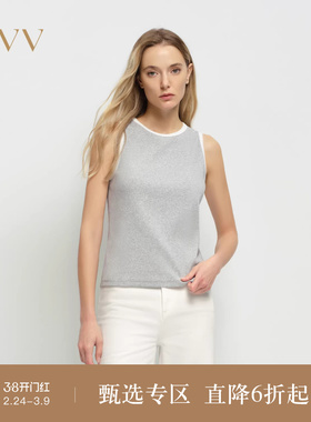 OVV2025春夏新款女装淡人圆领无袖撞色边饰棉质修身背心T恤