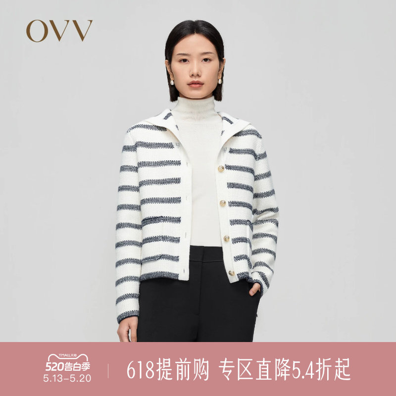 OVV秋冬新款女装羊毛条纹法式浪漫海军领休闲长袖针织外套