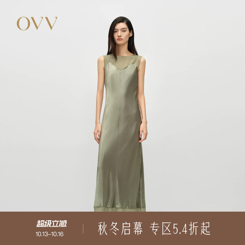 OVV春夏热卖女装圆领雪纺纱拼接吊带缎面醋酸连衣裙