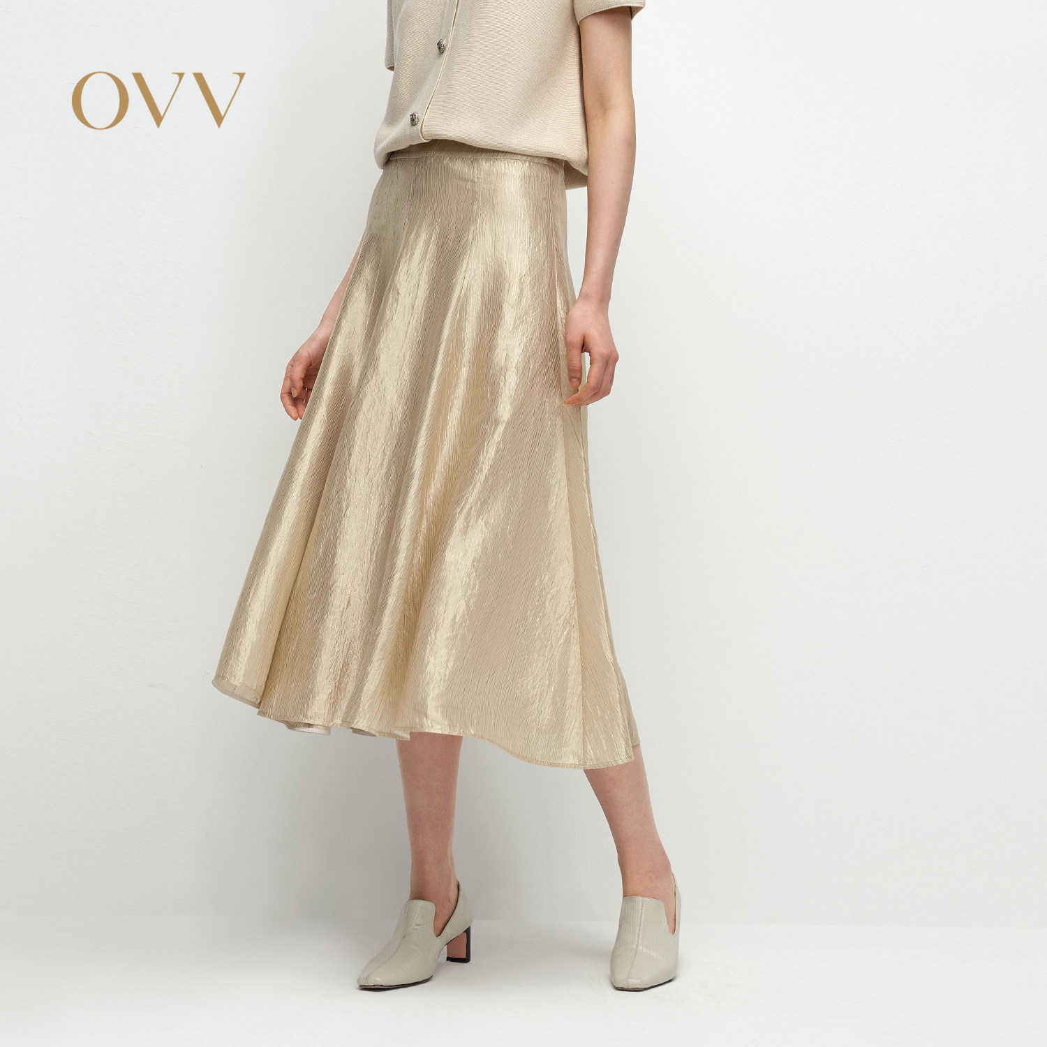 OVV2025春夏新款女装淡人日本进口光泽感面料肌理感伞裙半身裙