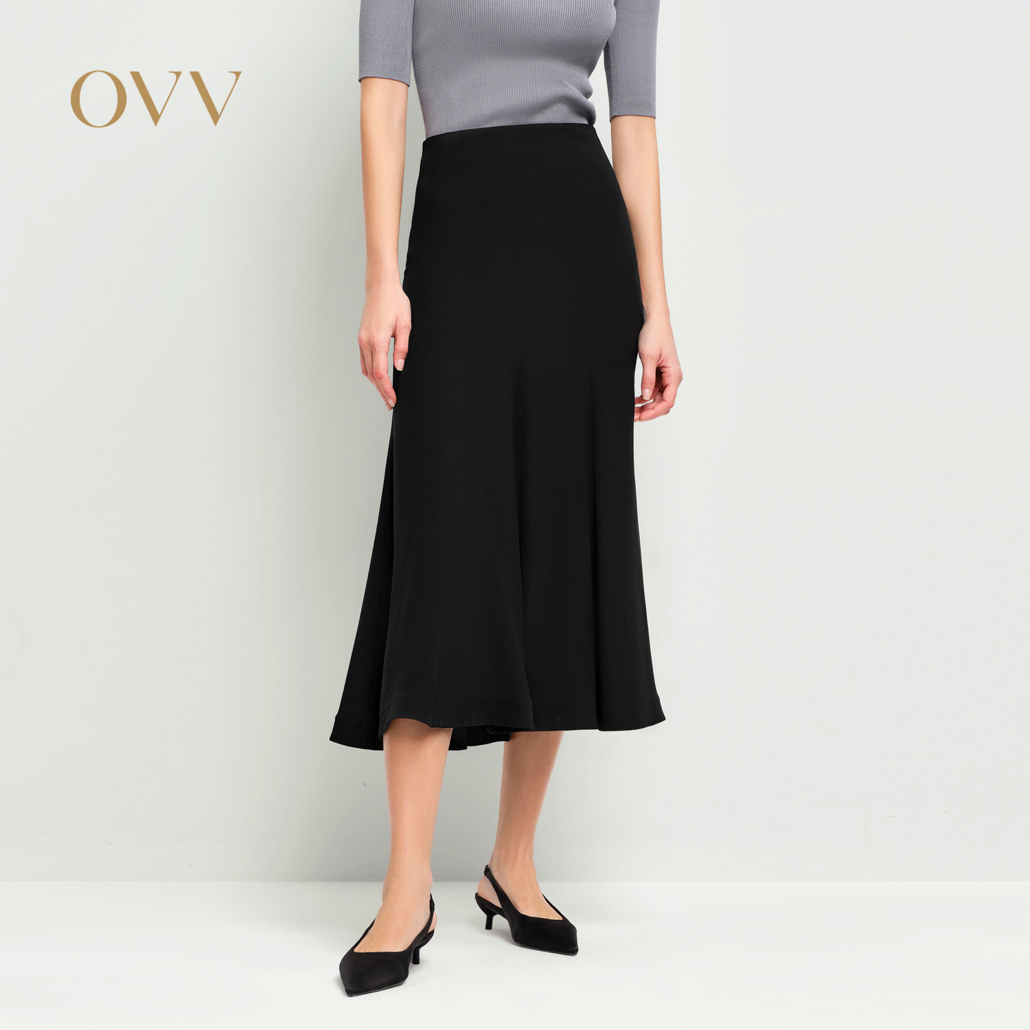 OVV2025春夏新款女装淡人醋酸经典大方优雅A字大摆长款半身裙