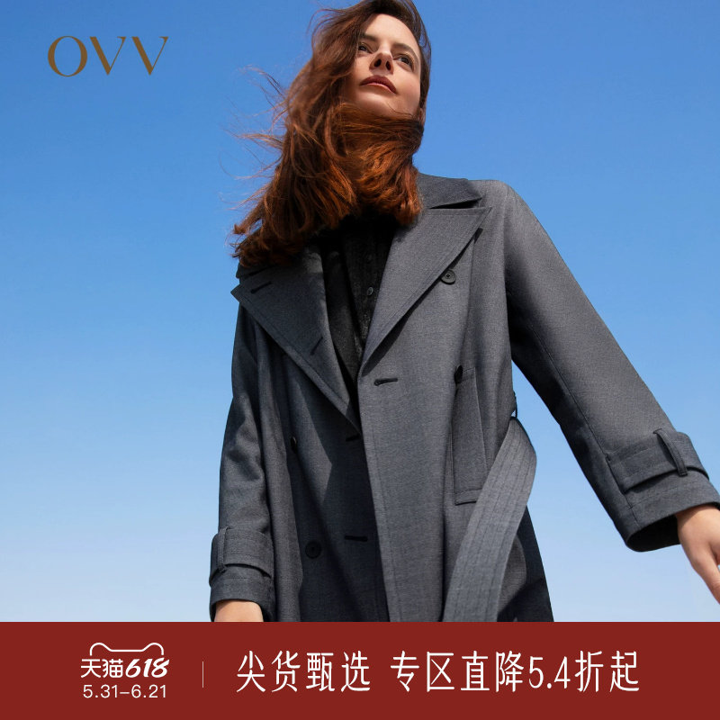 OVV秋冬新款女装仿牛仔羊毛面料双排扣经典休闲长款风衣