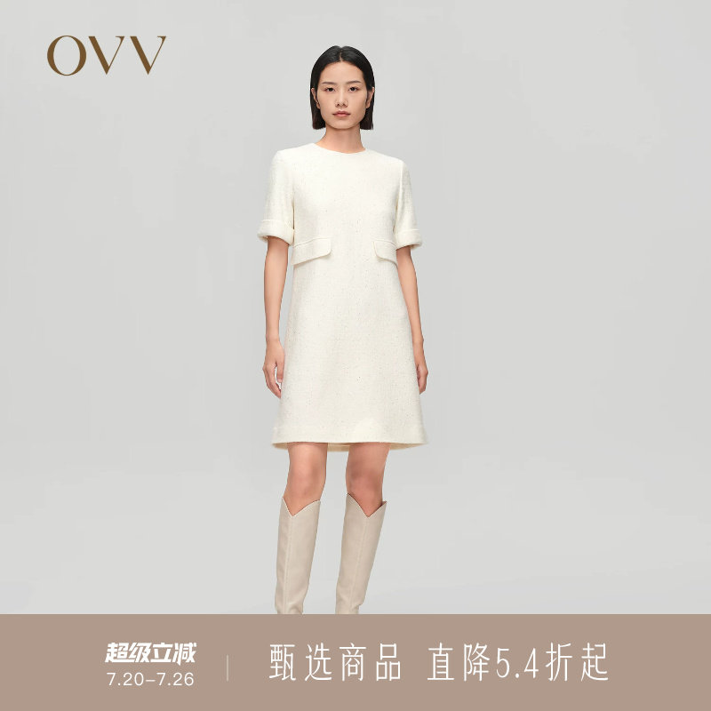 OVV秋冬新款女装针织羊毛珠片点缀中长款直筒短袖连衣裙