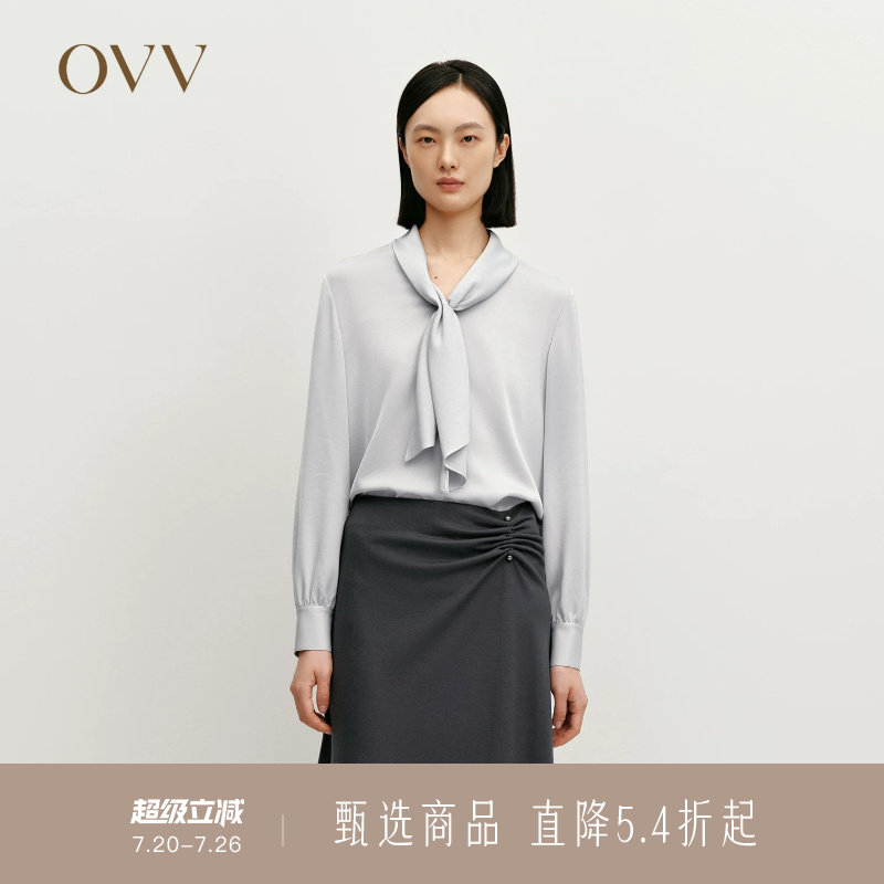 OVV秋冬热卖女装缎面醋酸V领飘带长袖休闲衬衫上衣