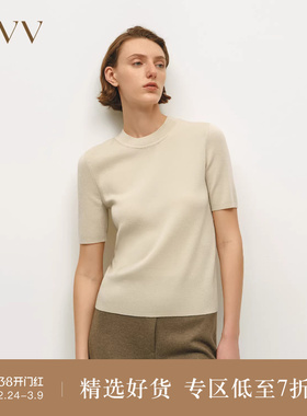 OVV秋冬热卖女装真丝羊毛混纺基础圆领休闲短袖针织衫