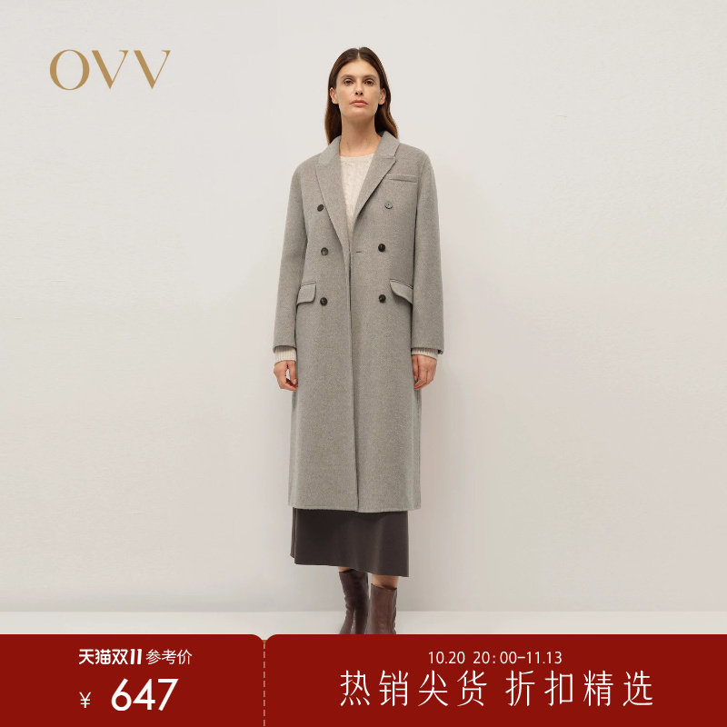 OVV秋冬热卖女装羊毛混纺戗驳领复古双排扣长大衣