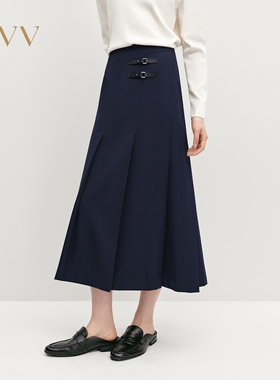 OVV秋冬热卖女装简约时髦斜向百褶皮袢装饰半身裙