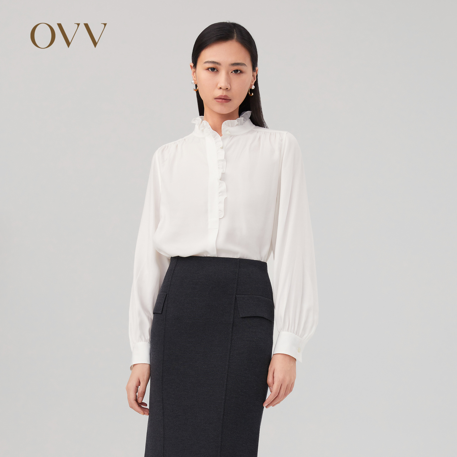 OVV秋冬新款女装肩部缩褶优雅木耳花边立领长袖休闲衬衣