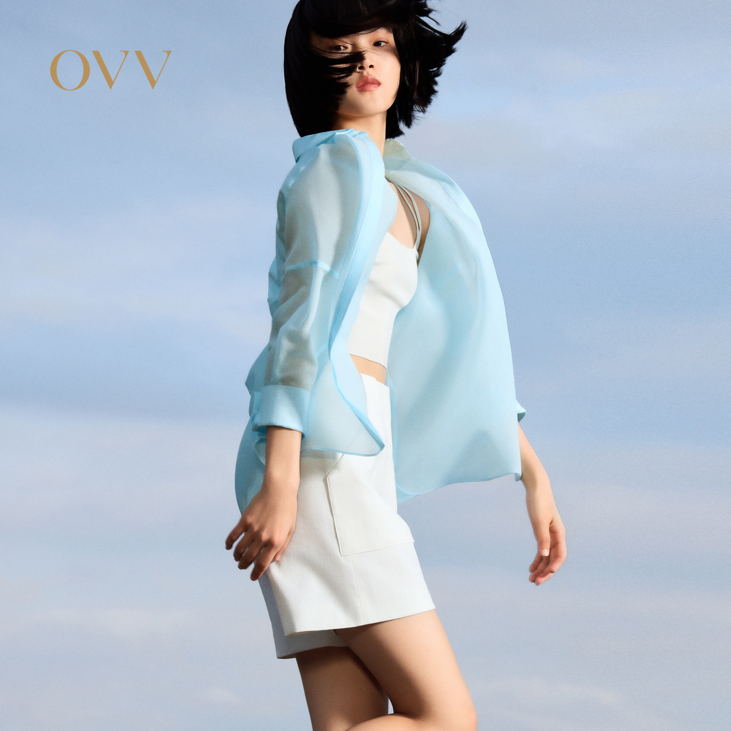 【呼呼专享】OVV春夏新款女装桑蚕丝醋酸雪纺绉分割设计短袖衬衫
