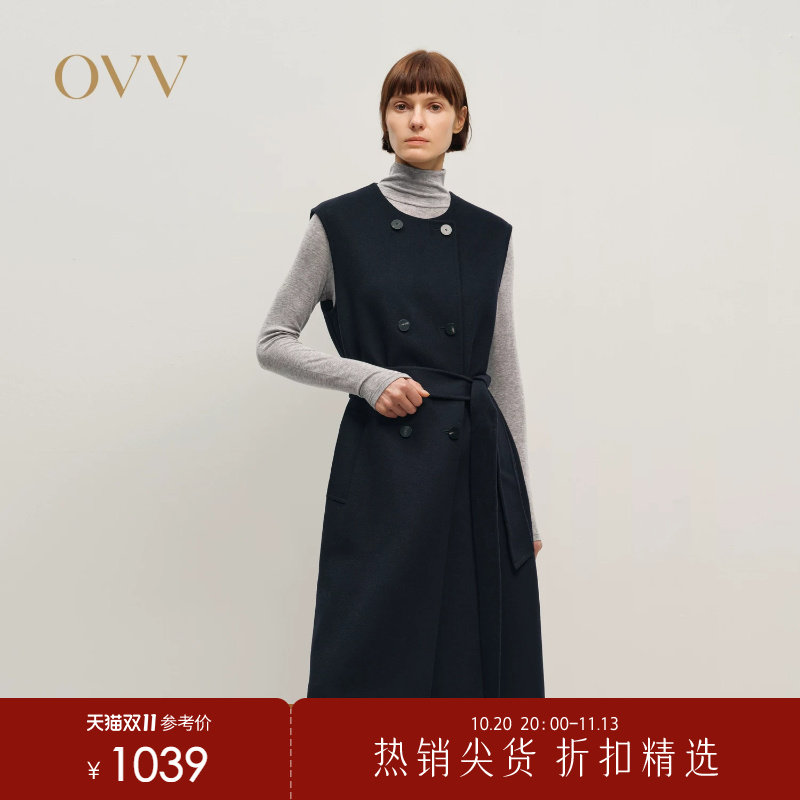OVV秋冬热卖女装挺括羊毛双面呢圆领长款无袖大衣