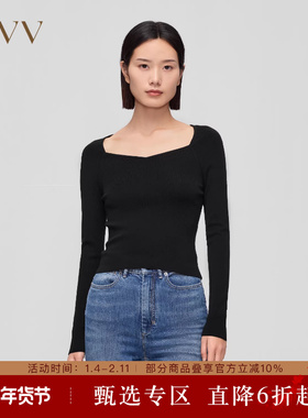 OVV秋冬新款女装羊毛混纺钻石领弹力修身套头长袖针织衫