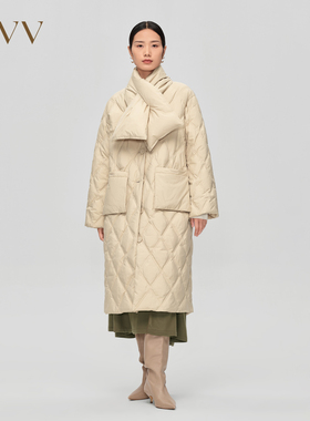 OVV秋冬新款女装大V领配可拆卸围巾中长款鹅绒羽绒服
