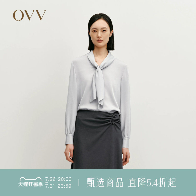 OVV秋冬热卖女装缎面醋酸V领飘带长袖休闲衬衫上衣