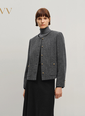 OVV2025秋冬新款女装圆领经典版型羊毛混纺正装夹克外套