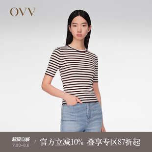 OVV春夏热卖 女装 丝棉混纺基础条纹圆领短袖 针织衫