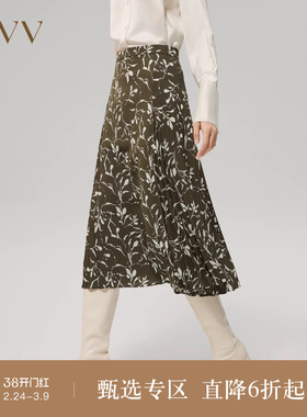 OVV秋冬女装橄榄绿印花花纹压褶舒适休闲半身裙
