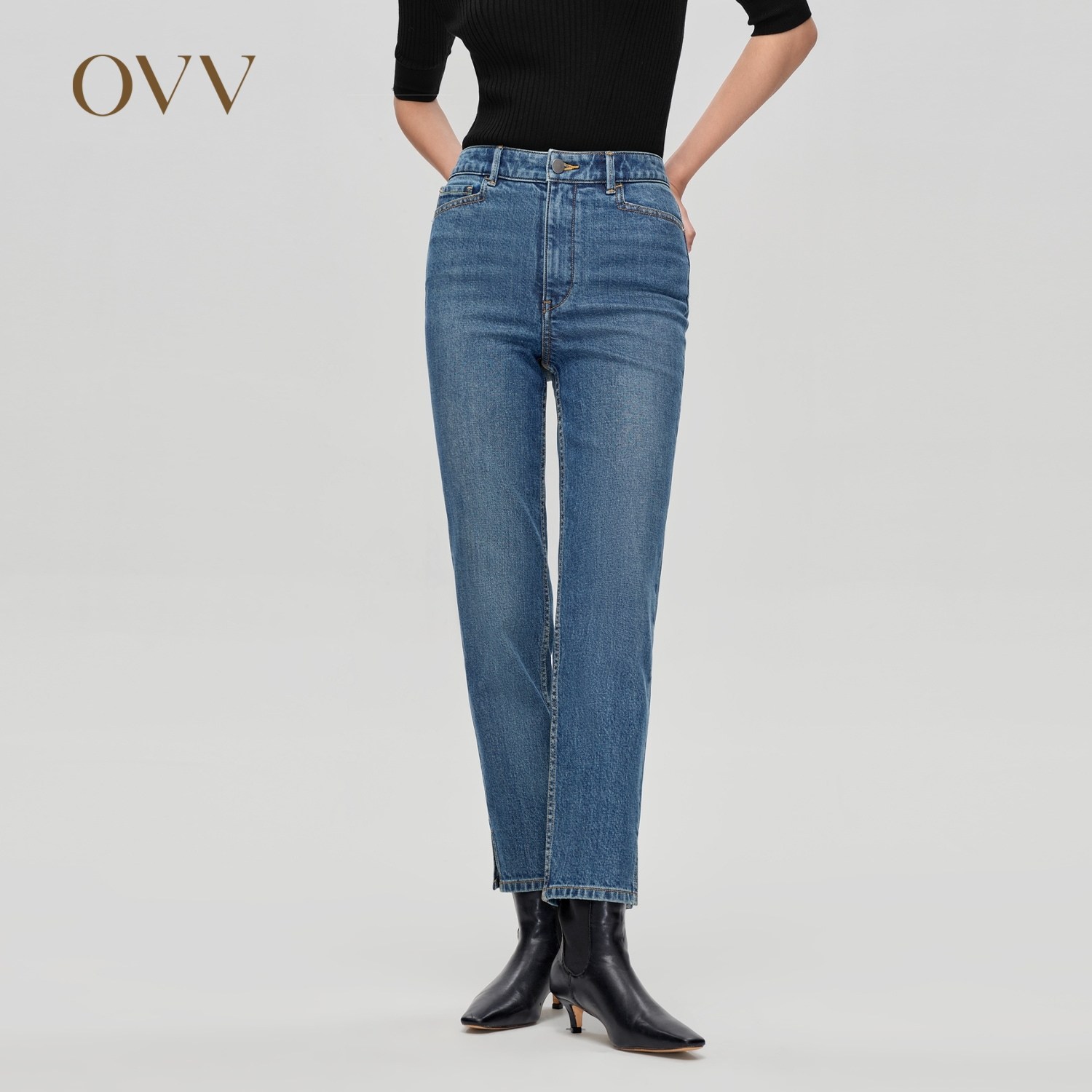 OVV秋冬新款女装意大利进口棉质面料中腰直筒开衩牛仔裤