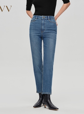 OVV秋冬新款女装意大利进口棉质面料中腰直筒开衩牛仔裤