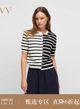 OVV2025春夏新款女装不对称海军风航海条纹圆领短袖休闲针织衫