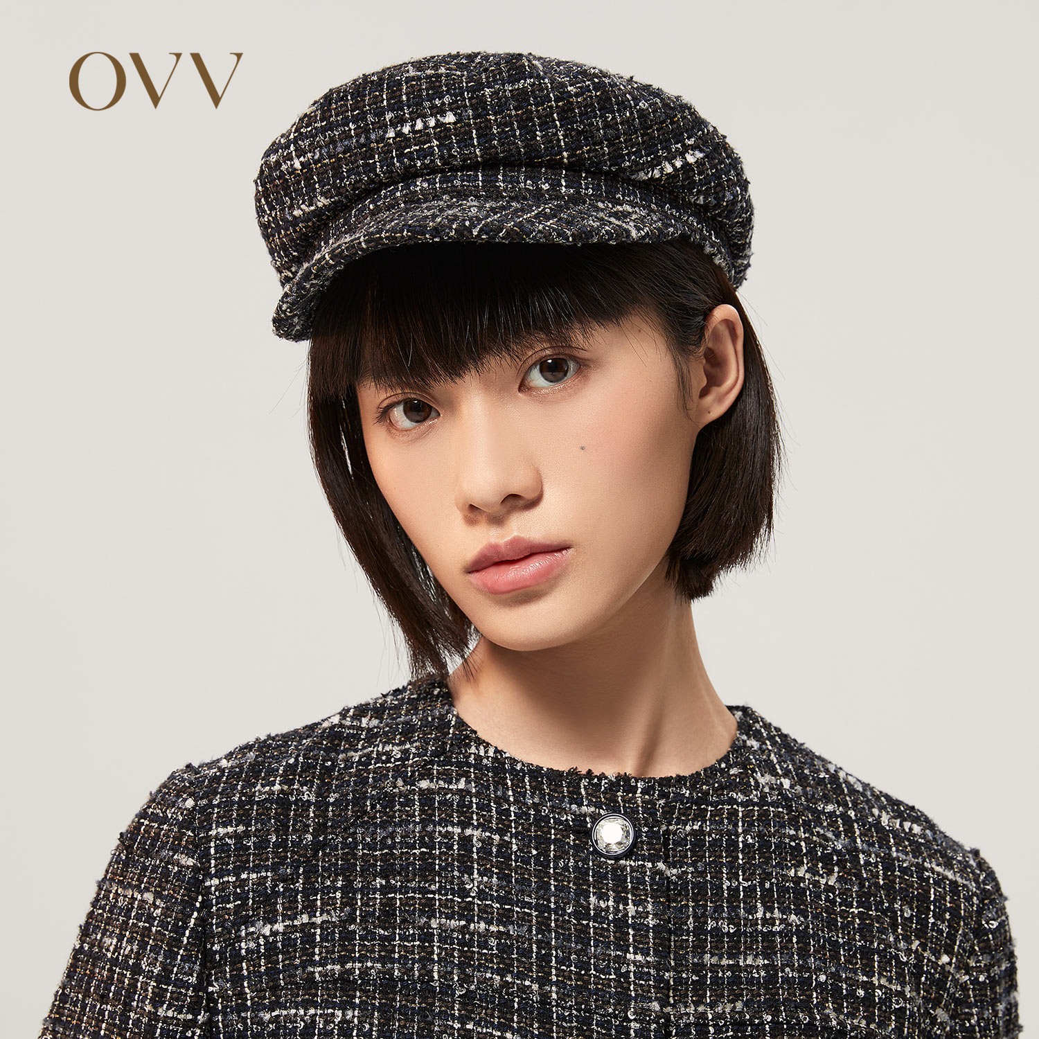 OVV秋冬意大利进口粗花呢贝雷帽女