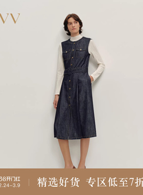 OVV2025秋冬新款女装意大利进口面料圆领无袖A字牛仔连衣裙