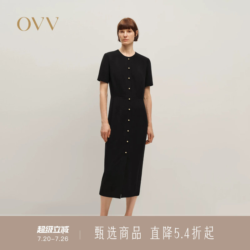 OVV秋冬新款女装日本进口三醋酸复古小金扣圆领短袖连衣裙