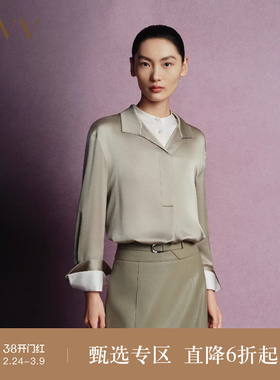 OVV秋冬热卖女装20MM缎面绉翻领落肩长袖休闲衬衫