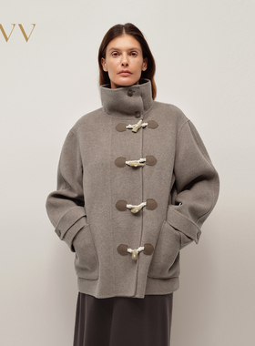 OVV2025秋冬新款女装优雅撞色仿牛角扣立领短款大衣