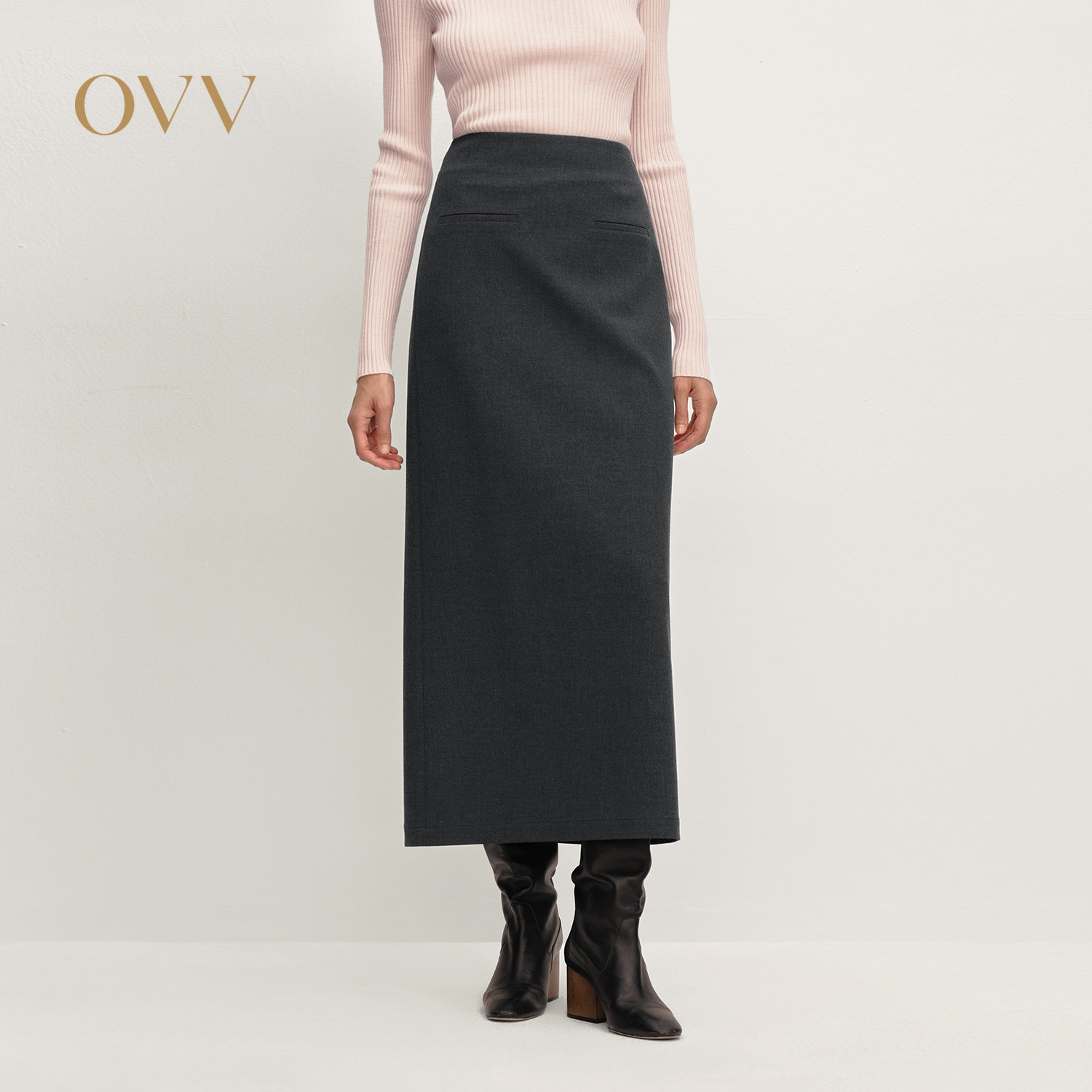 OVV2025秋冬新款女装简约直筒后开衩设计长款半身裙