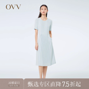 圆领清爽百褶短袖 OVV春夏热卖 女装 单面缎三醋酸经典 连衣裙