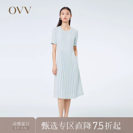 OVV春夏热卖女装单面缎三醋酸经典圆领清爽百褶短袖连衣裙