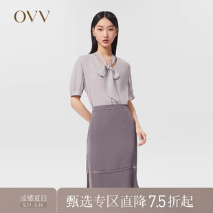 女装 OVV22春夏新款 休闲衬衫 重磅真丝 19MM真丝双乔V领飘带短袖