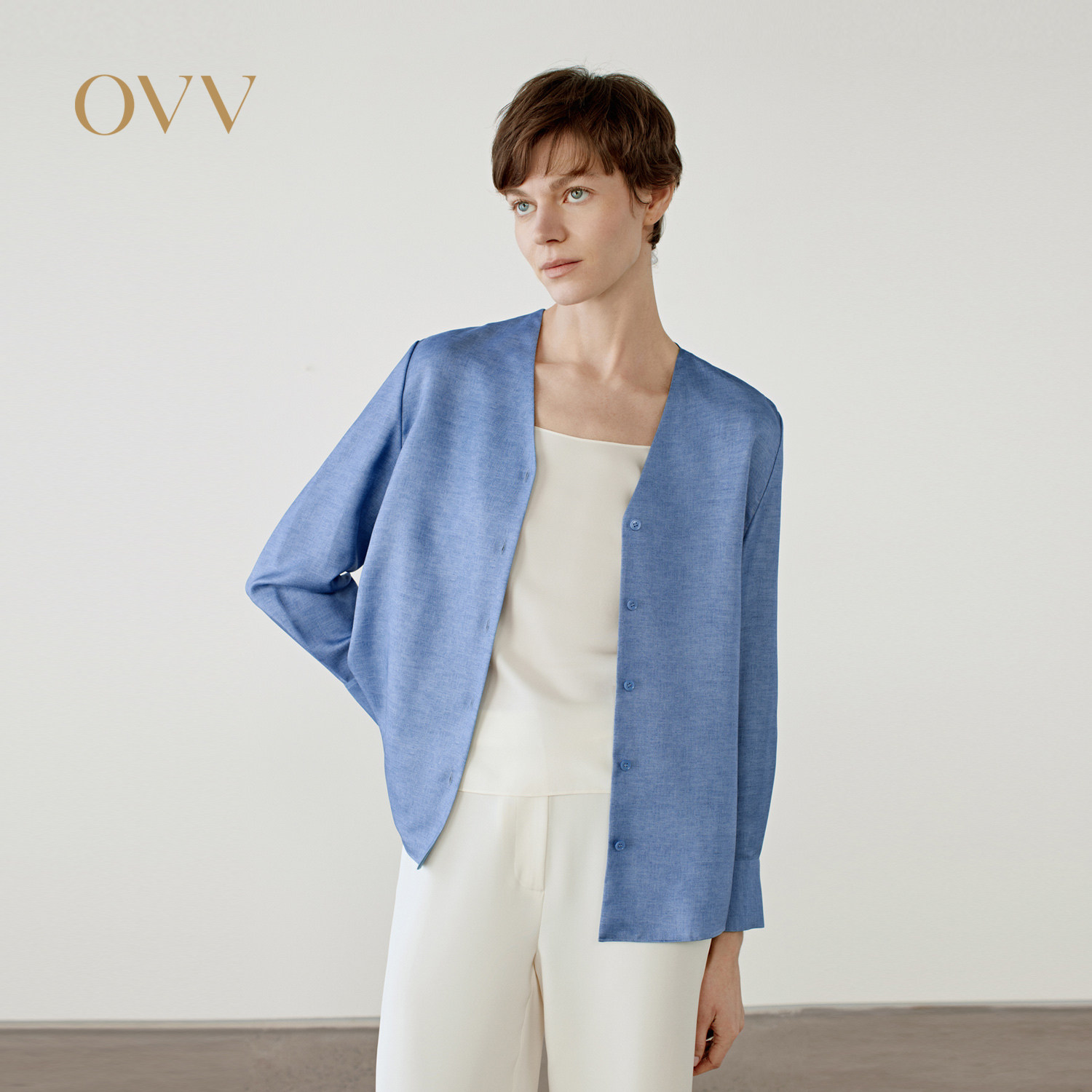 OVV2025春夏新款女装淡人18MM斜纹真丝牛仔印花休闲长袖衬